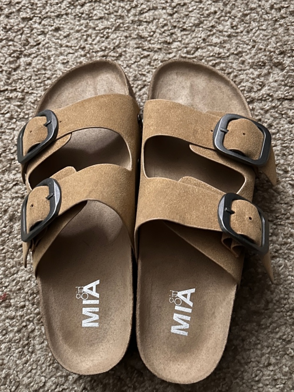 MIA Double Buckle Suede Slides in Tan with Gunmetal Buckles